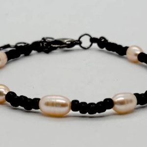 Black and Peach Freshwater Rice Pearl Bracelet, Black & Peach Bracelet, Bracelet